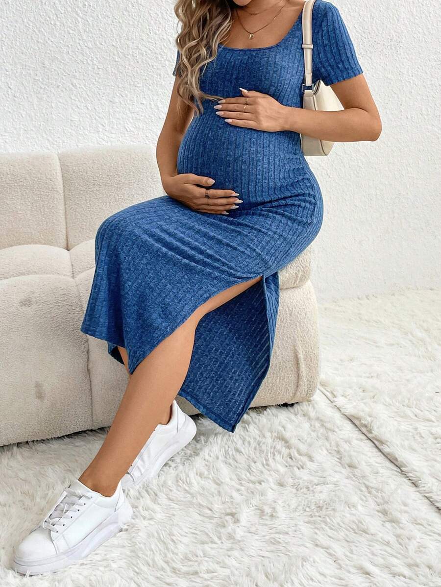 Maternity Royal Blue Ribbed Knit Bodycon Dress Square Neck Short Sleeve Slim Fit Long Dress with Side Slit