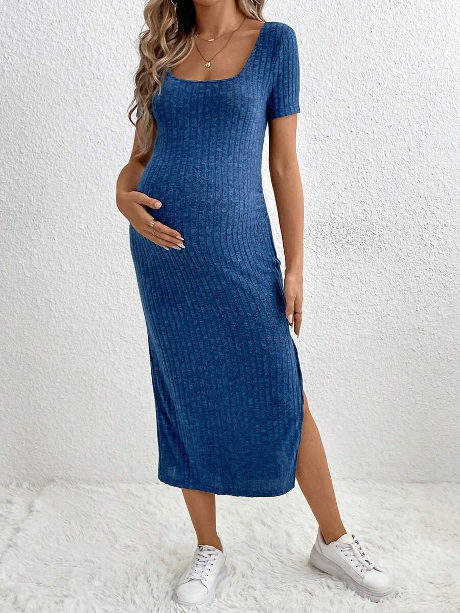 Maternity Royal Blue Ribbed Knit Bodycon Dress Square Neck Short Sleeve Slim Fit Long Dress with Side Slit