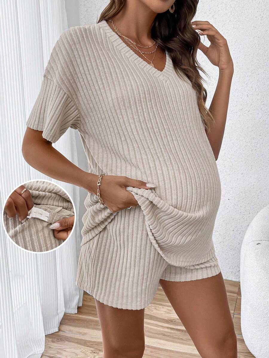 Casual V-Neck Rib-Knit Short Sleeve Tee and Shorts Maternity Set, Loose Fit Adjustable Waist 2-Piece Lounge Outfit