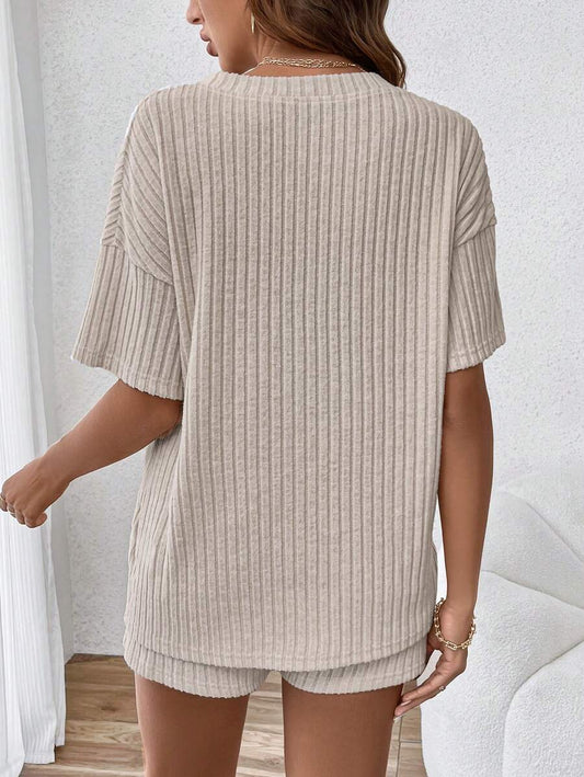 Maternity V-Neck Short Sleeve Rib-Knit Top and Adjustable Elastic Waist Shorts Set - Loose Fit Casual 2-Piece Lounge Outfit in Apricot