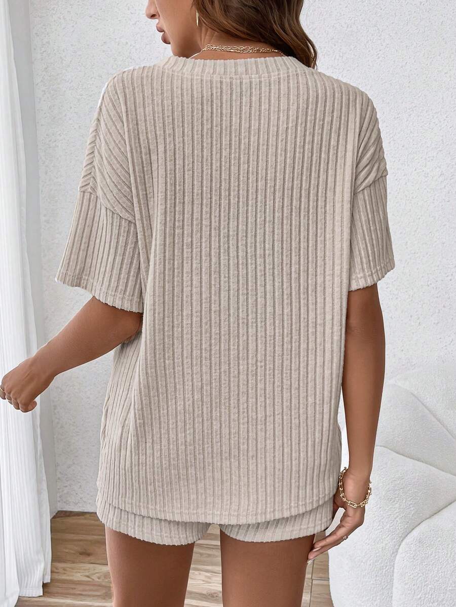 Casual V-Neck Rib-Knit Short Sleeve Tee and Shorts Maternity Set, Loose Fit Adjustable Waist 2-Piece Lounge Outfit