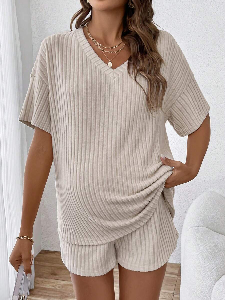 Maternity V-Neck Short Sleeve Rib-Knit Top and Adjustable Elastic Waist Shorts Set - Loose Fit Casual 2-Piece Lounge Outfit in Apricot