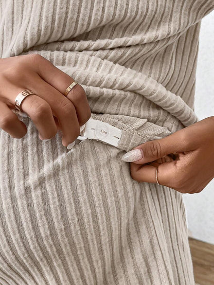 Maternity V-Neck Short Sleeve Rib-Knit Top and Adjustable Elastic Waist Shorts Set - Loose Fit Casual 2-Piece Lounge Outfit in Apricot