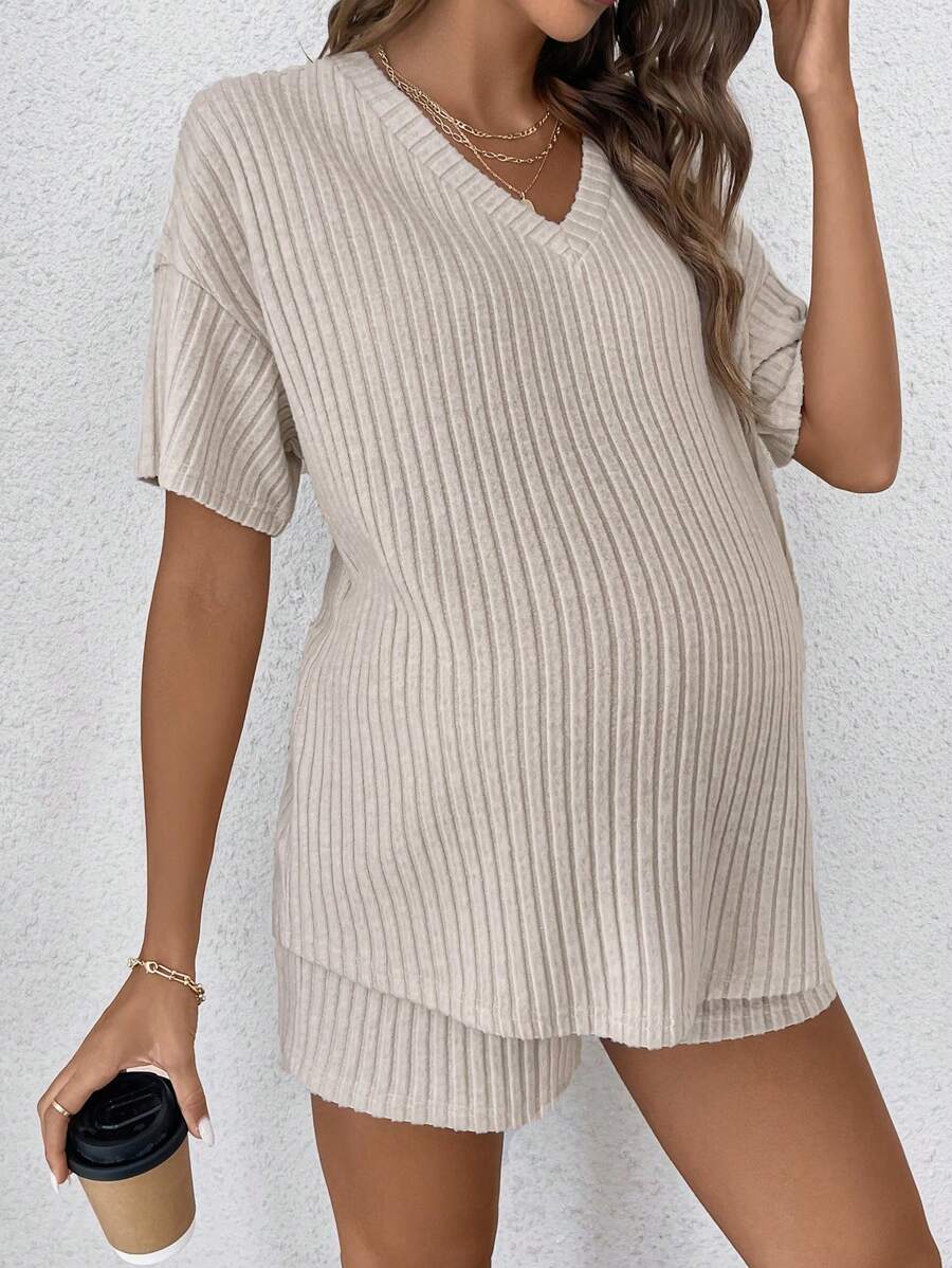 Casual V-Neck Rib-Knit Short Sleeve Tee and Shorts Maternity Set, Loose Fit Adjustable Waist 2-Piece Lounge Outfit