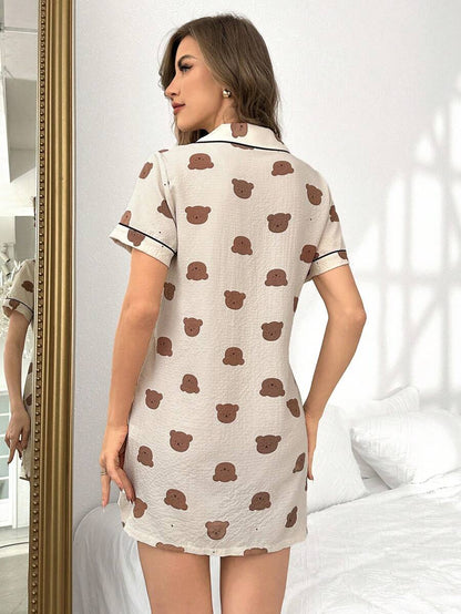 Women Bear Print Button Up Sleepwear Dress Lapel Collar Cute Nightgown Pajamas