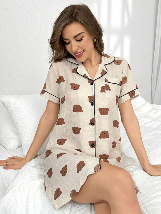 Women Bear Print Button Up Sleepwear Dress Lapel Collar Cute Nightgown Pajamas