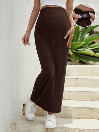 Maternity Ultra High Waist Straight Maxi Skirt with Adjustable Waist Button Detail in Army Green Knitted Fabric