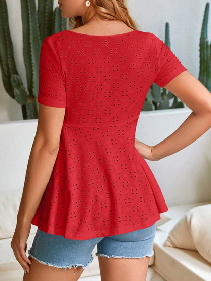 Maternity Button Front Schiffy Scoop Neck Tee with Ruffle Hem Slim Fit Short Sleeve White Knit Top for Casual Daily Wear