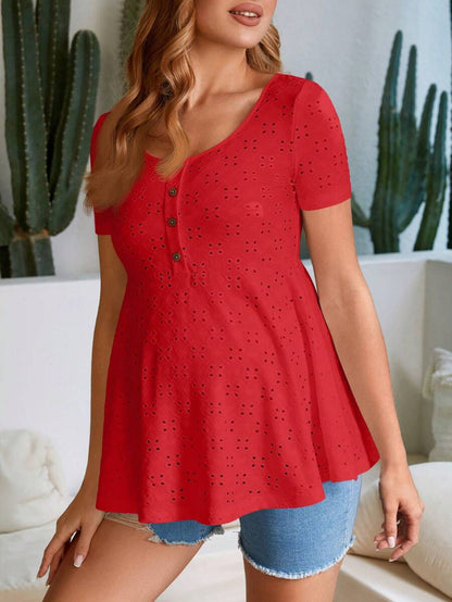 Black Eyelet Embroidery Button Front Peplum Tee - Slim Fit Short Sleeve Ruffle Hem Scoop Neck Maternity Top