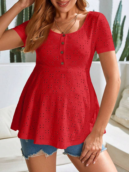 Maternity Button Front Schiffy Scoop Neck Tee with Ruffle Hem Slim Fit Short Sleeve White Knit Top for Casual Daily Wear