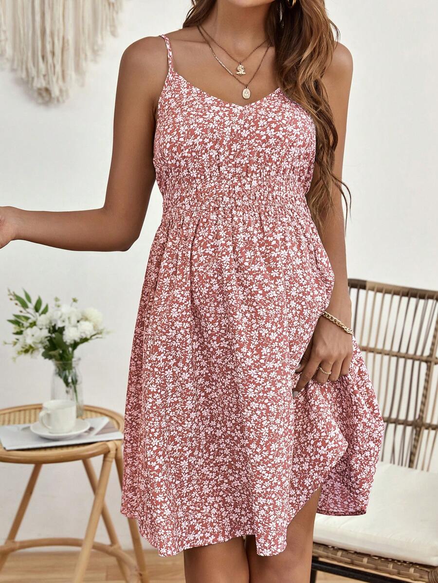 Maternity Ditsy Floral Backless Cami Dress Boho Spaghetti Strap High Waist Flared Short Summer Dress in Green