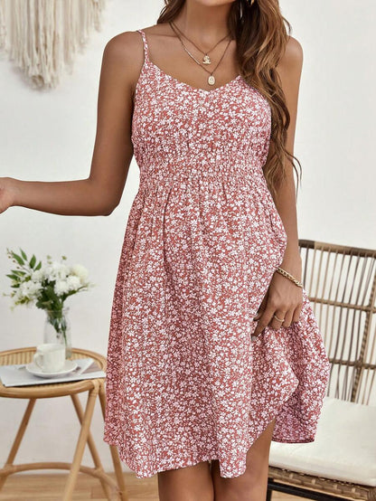 Maternity Ditsy Floral Backless Cami Dress Boho Spaghetti Strap High Waist Flared Short Summer Dress in Green