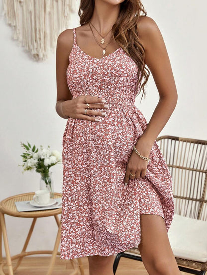 Maternity Ditsy Floral Backless Cami Dress Boho Spaghetti Strap High Waist Flared Short Summer Dress in Green