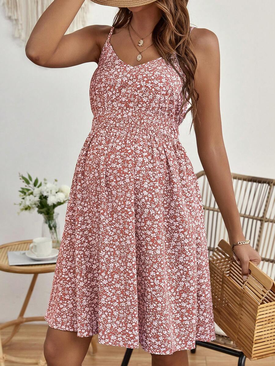 Maternity Ditsy Floral Backless Cami Dress Boho Spaghetti Strap High Waist Flared Short Summer Dress in Green