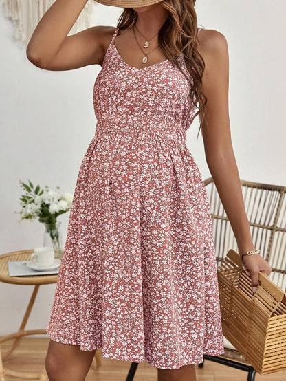 Maternity Ditsy Floral Backless Cami Dress Boho Spaghetti Strap High Waist Flared Short Summer Dress in Green