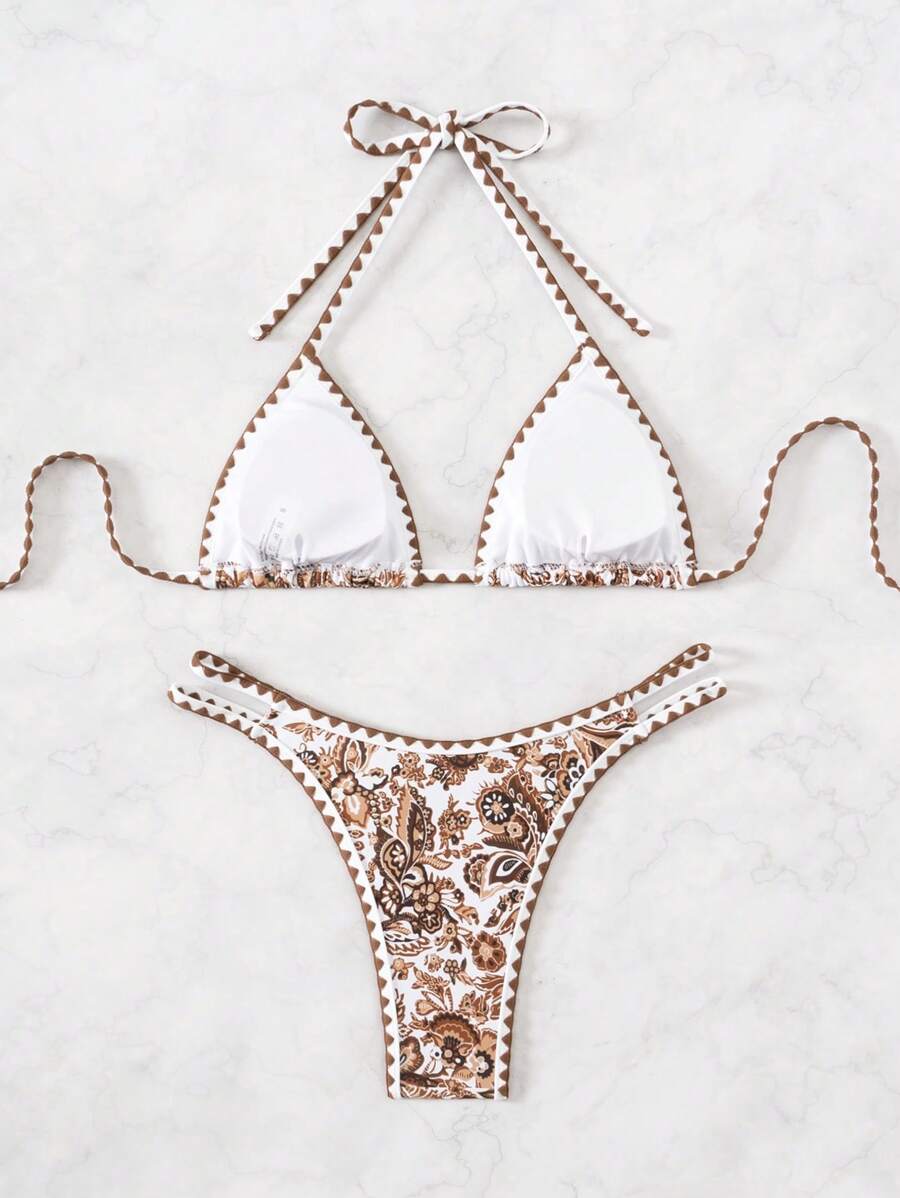 Women's 2-Piece Boho Halter Bikini Set - Tie Back, High Cut, Plant Print, Blue