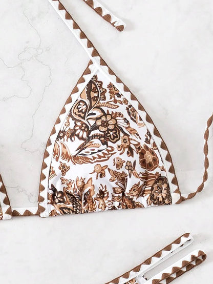 Women's 2-Piece Boho Halter Bikini Set - Tie Back, High Cut, Plant Print, Blue