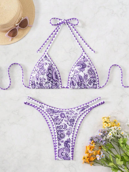 Women's 2-Piece Boho Halter Bikini Set - Tie Back, High Cut, Plant Print, Blue