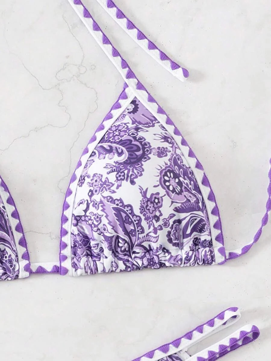 Women's 2-Piece Boho Halter Bikini Set - Tie Back, High Cut, Plant Print, Blue