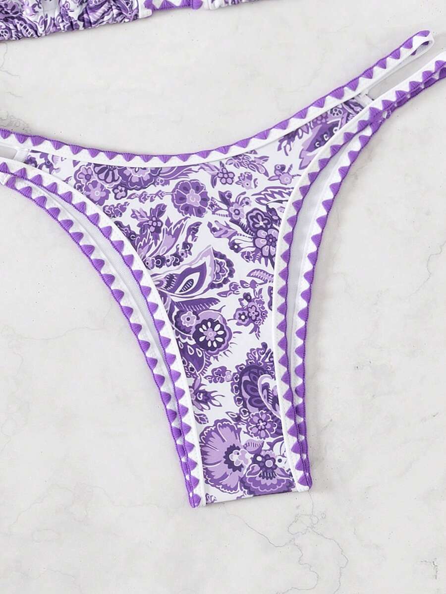Women's 2-Piece Boho Halter Bikini Set - Tie Back, High Cut, Plant Print, Blue