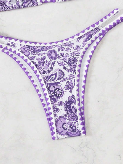 Women's 2-Piece Boho Halter Bikini Set - Tie Back, High Cut, Plant Print, Blue