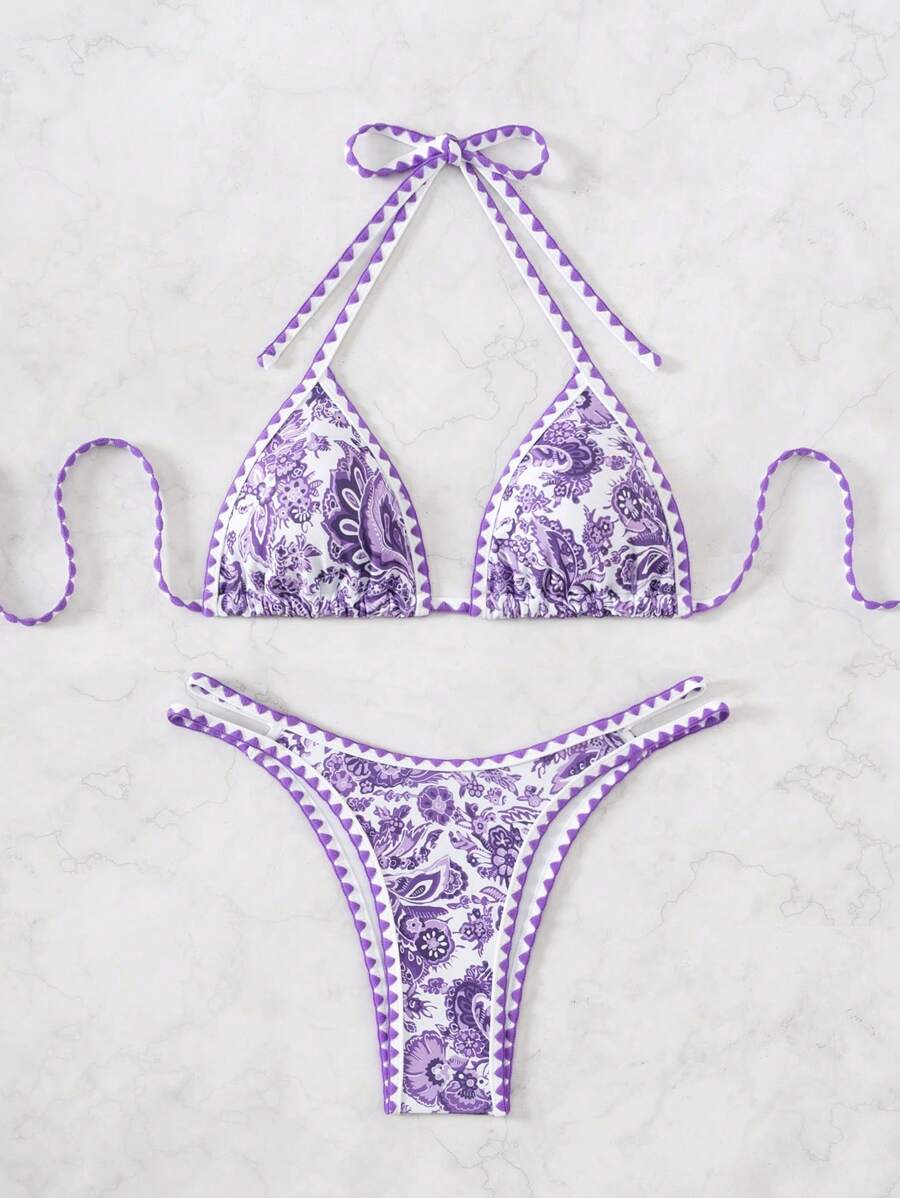 Women's 2-Piece Boho Halter Bikini Set - Tie Back, High Cut, Plant Print, Blue