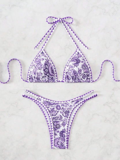 Women's 2-Piece Boho Halter Bikini Set - Tie Back, High Cut, Plant Print, Blue