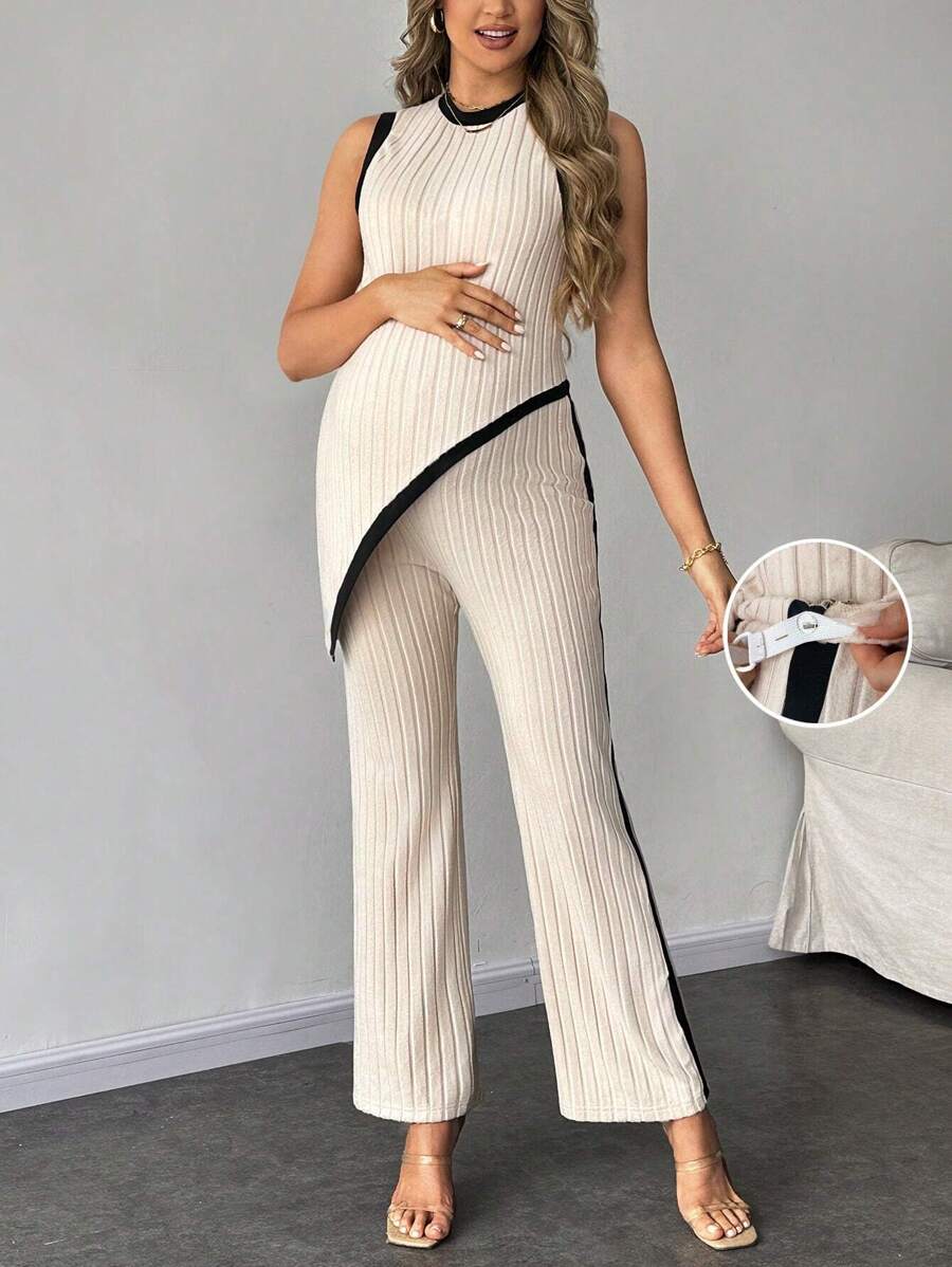 2-Piece Maternity Slim Fit Sleeveless Top and Straight Leg Pants Set - Asymmetrical Round Neck High Stretch Knit Casual Lounge Set