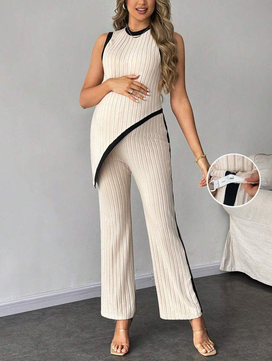 2-Piece Maternity Slim Fit Sleeveless Top and Straight Leg Pants Set - Asymmetrical Round Neck High Stretch Knit Casual Lounge Set