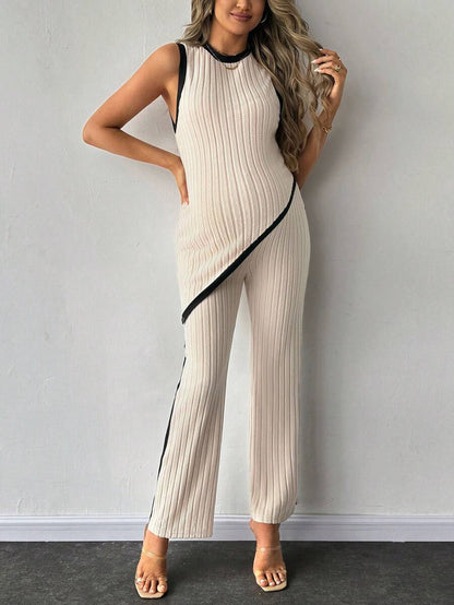 2-Piece Maternity Slim Fit Sleeveless Top and Straight Leg Pants Set - Asymmetrical Round Neck High Stretch Knit Casual Lounge Set