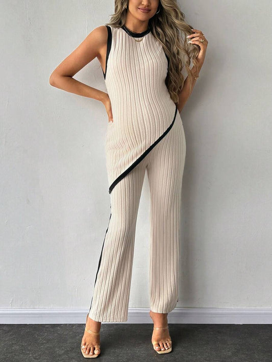 2-Piece Maternity Slim Fit Sleeveless Top and Straight Leg Pants Set - Asymmetrical Round Neck High Stretch Knit Casual Lounge Set