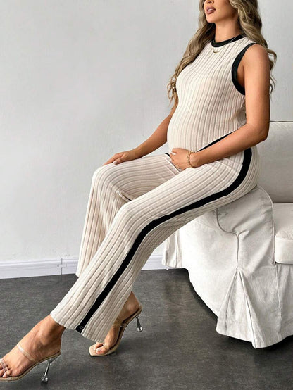 2-Piece Maternity Slim Fit Sleeveless Top and Straight Leg Pants Set - Asymmetrical Round Neck High Stretch Knit Casual Lounge Set