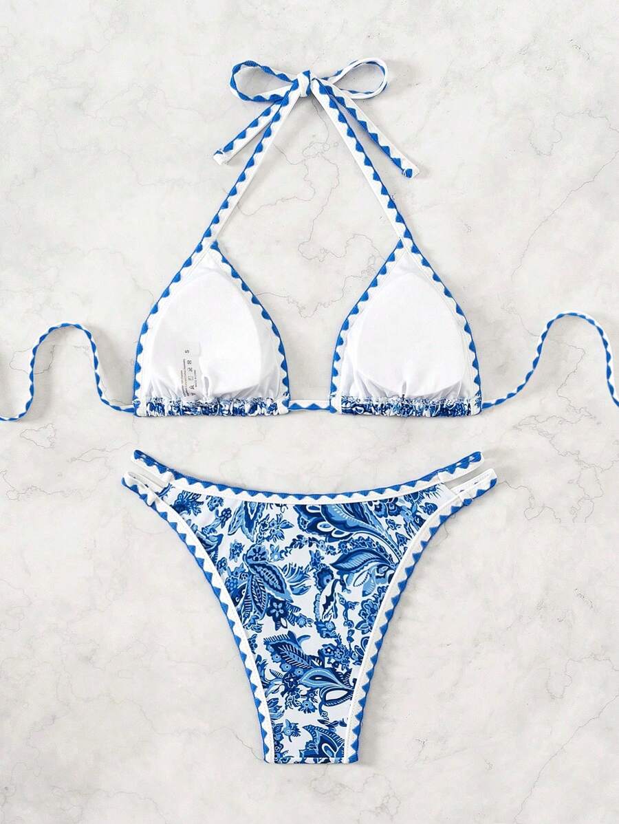 Women's 2-Piece Boho Halter Bikini Set - Tie Back, High Cut, Plant Print, Blue
