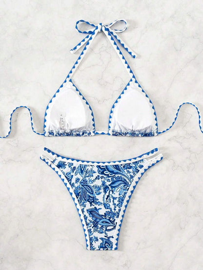 Women's 2-Piece Boho Halter Bikini Set - Tie Back, High Cut, Plant Print, Blue