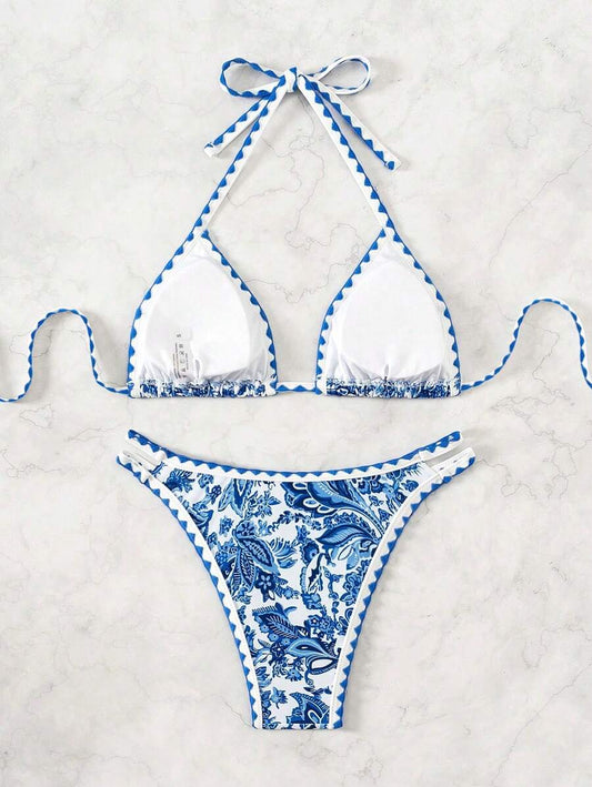 Women's 2-Piece Boho Halter Bikini Set - Tie Back, High Cut, Plant Print, Blue