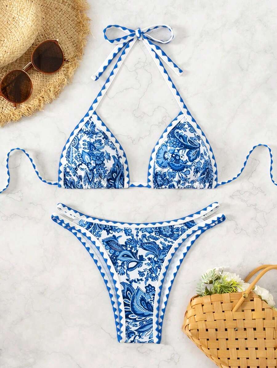 Women's 2-Piece Boho Halter Bikini Set - Tie Back, High Cut, Plant Print, Blue