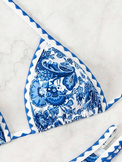 Women's 2-Piece Boho Halter Bikini Set - Tie Back, High Cut, Plant Print, Blue