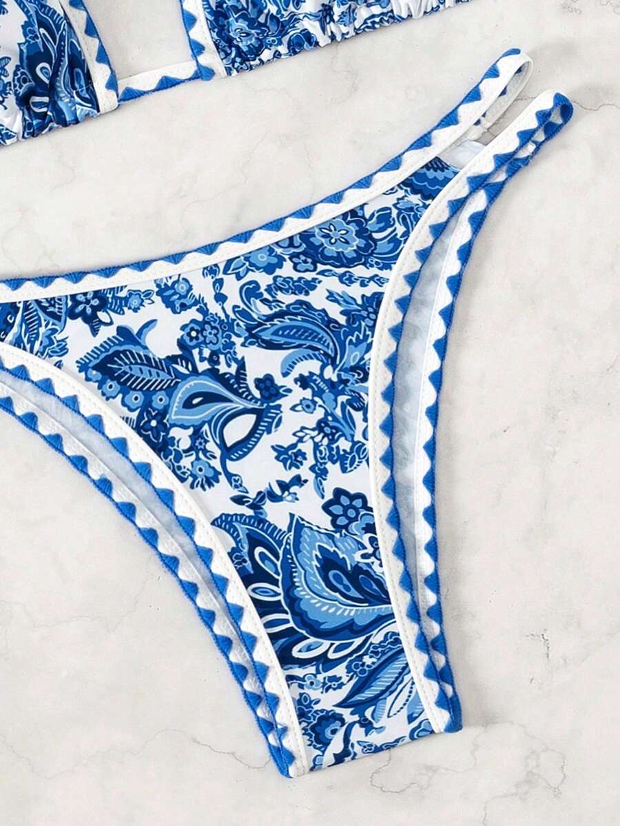 Women's 2-Piece Boho Halter Bikini Set - Tie Back, High Cut, Plant Print, Blue