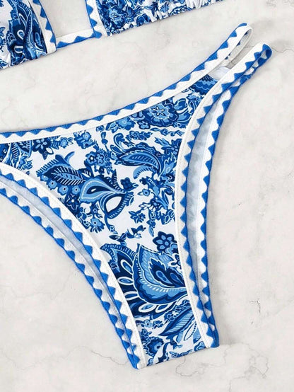 Women's 2-Piece Boho Halter Bikini Set - Tie Back, High Cut, Plant Print, Blue