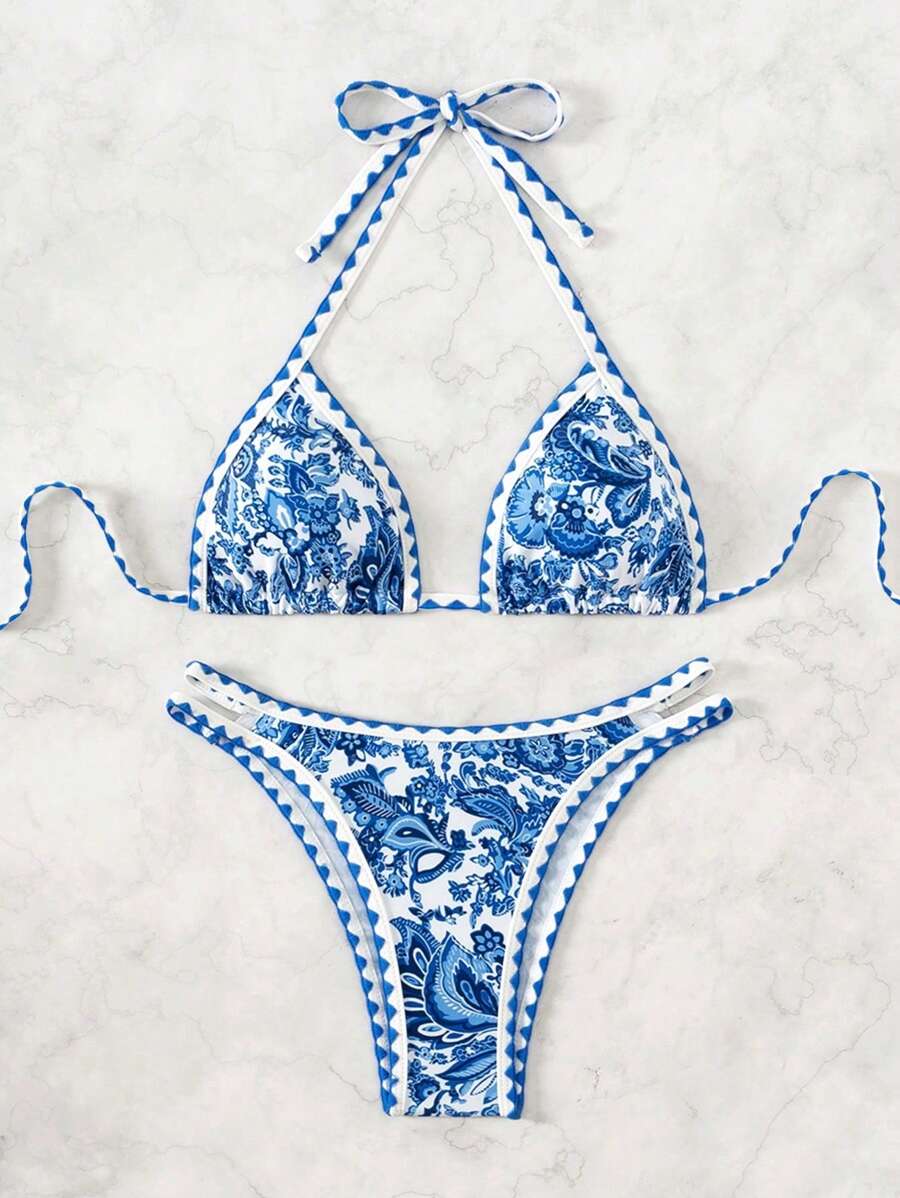 Women's 2-Piece Boho Halter Bikini Set - Tie Back, High Cut, Plant Print, Blue