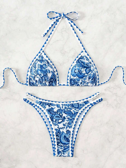 Women's 2-Piece Boho Halter Bikini Set - Tie Back, High Cut, Plant Print, Blue