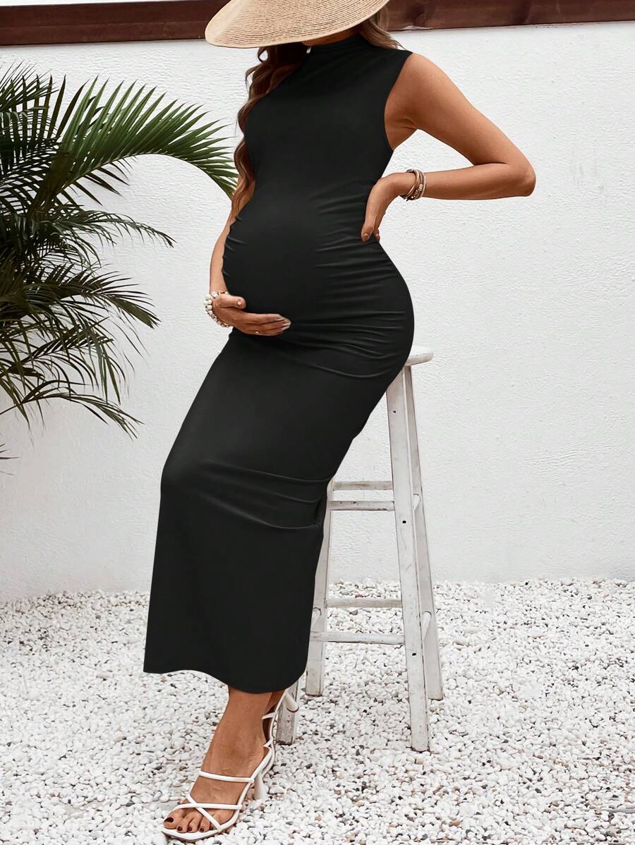Maternity Casual Slim Fit Stand Collar Long Dress Sleeveless Ruched High Stretch Knitted Pencil Tank Dress for Daily Wear