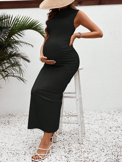 Maternity Casual Slim Fit Stand Collar Long Dress Sleeveless Ruched High Stretch Knitted Pencil Tank Dress for Daily Wear
