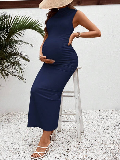 Maternity Casual Slim Fit Stand Collar Long Dress Sleeveless Ruched High Stretch Knitted Pencil Tank Dress for Daily Wear