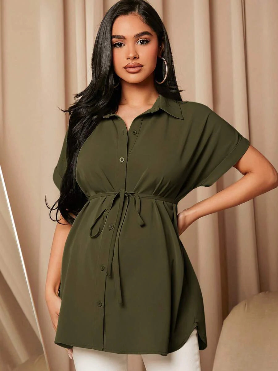 Maternity Batwing Sleeve Belted Shirt - Asymmetrical Button Down Maternity Blouse for Daily Office Wear