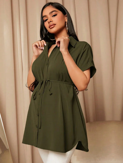 Maternity Batwing Sleeve Belted Shirt - Asymmetrical Button Down Maternity Blouse for Daily Office Wear