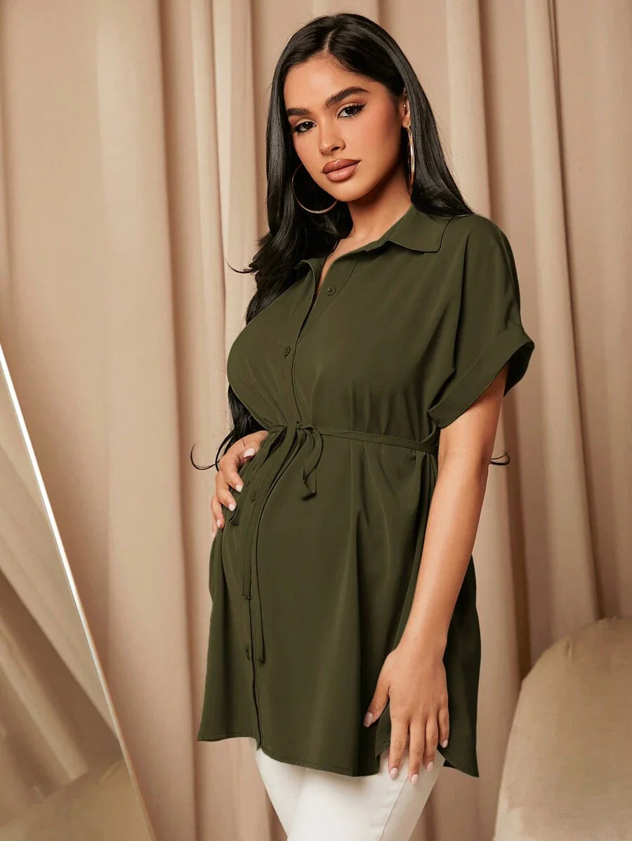 Maternity Batwing Sleeve Belted Shirt - Asymmetrical Button Down Maternity Blouse for Daily Office Wear