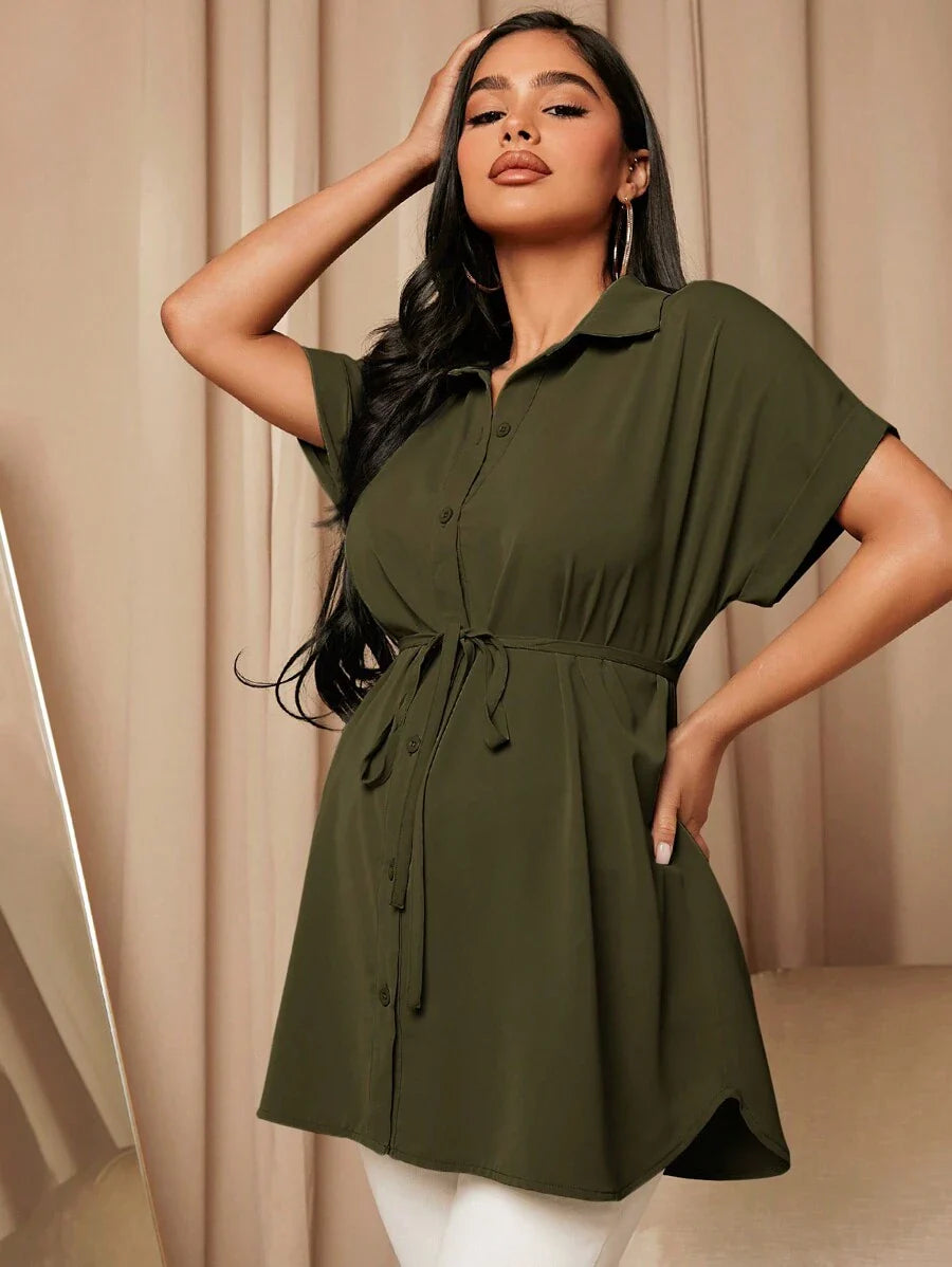 Maternity Batwing Sleeve Belted Shirt - Asymmetrical Button Down Maternity Blouse for Daily Office Wear
