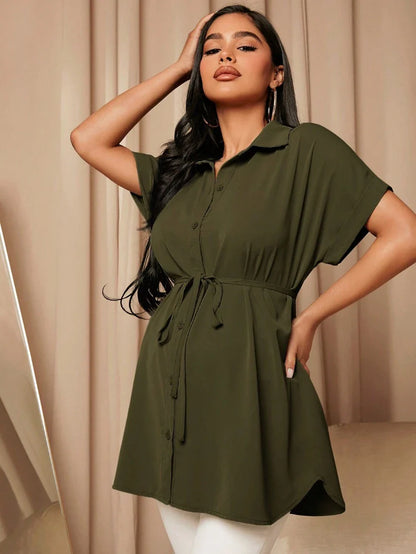 Maternity Batwing Sleeve Belted Shirt - Asymmetrical Button Down Maternity Blouse for Daily Office Wear