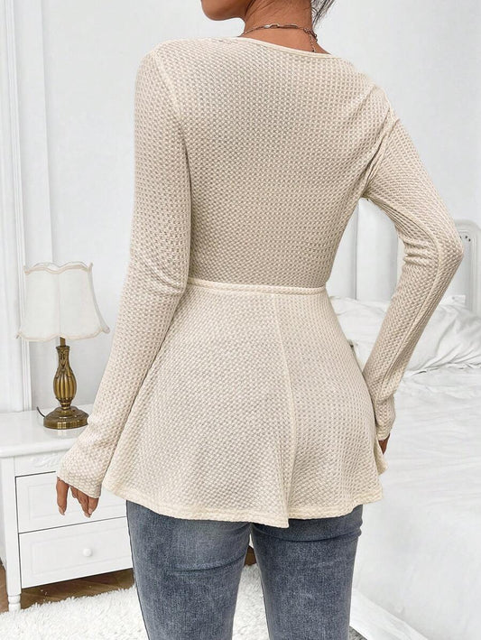 Maternity Khaki Deep V Neck Long Sleeve T-Shirt Loose Fit Belted Flared Hem Knitted Maternity Top for Fall